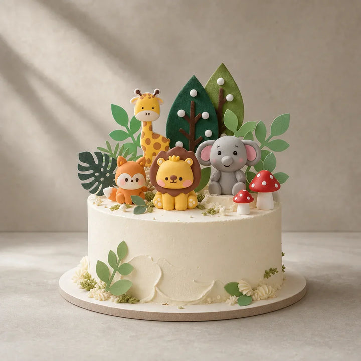 Woodland animal cake decoration set in a warm studio
