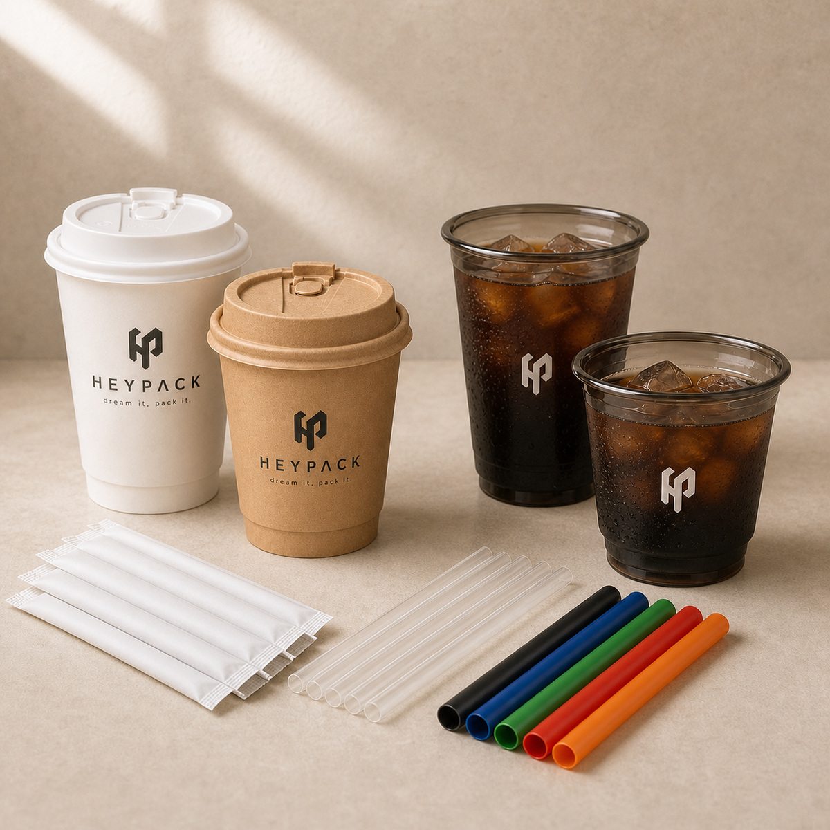 HeyPack beverage supplies collection with paper cups, smoke-black cold cups and individually wrapped straws