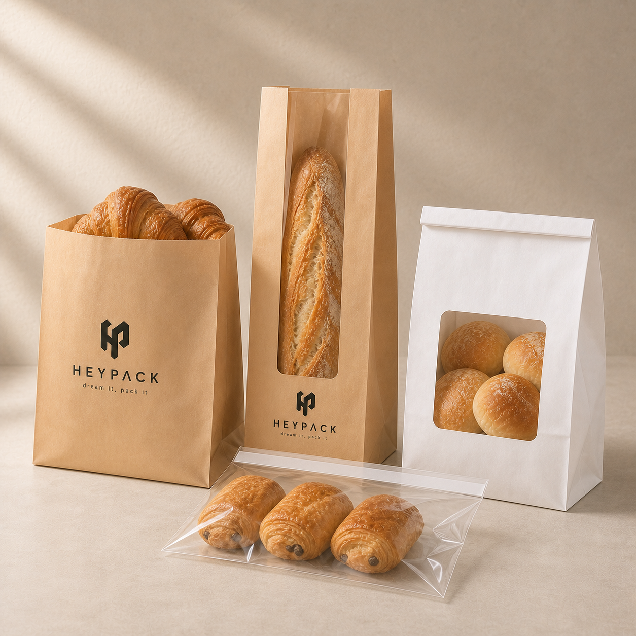 HeyPack bread and bakery bags collection with kraft, window and clear pastry bags