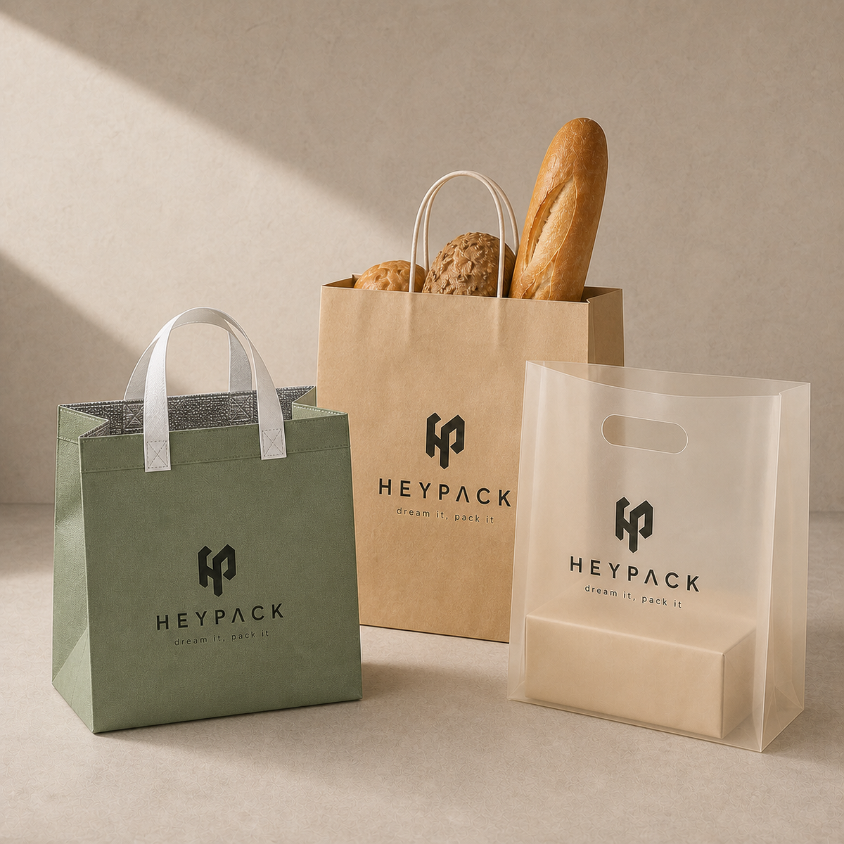 HeyPack carrier bags collection with insulated, paper and translucent plastic carry bags