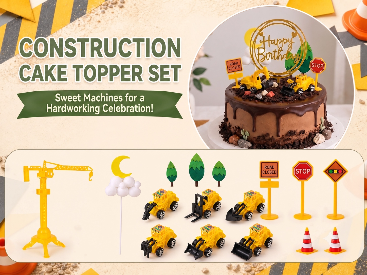 Construction Zone Cake Decoration Kit — Heavy Machinery Edition