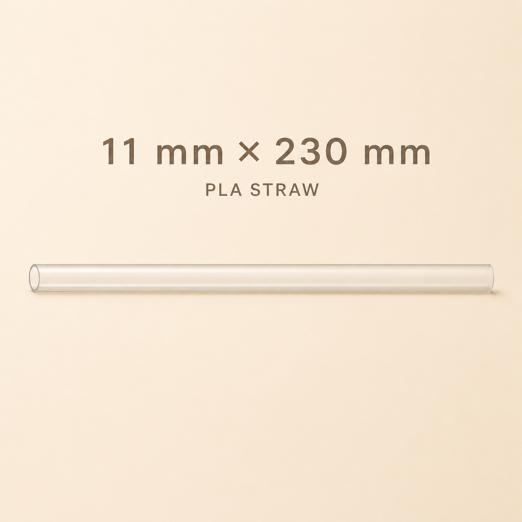 PLA straw, 11 mm × 230 mm wide-bore size guide