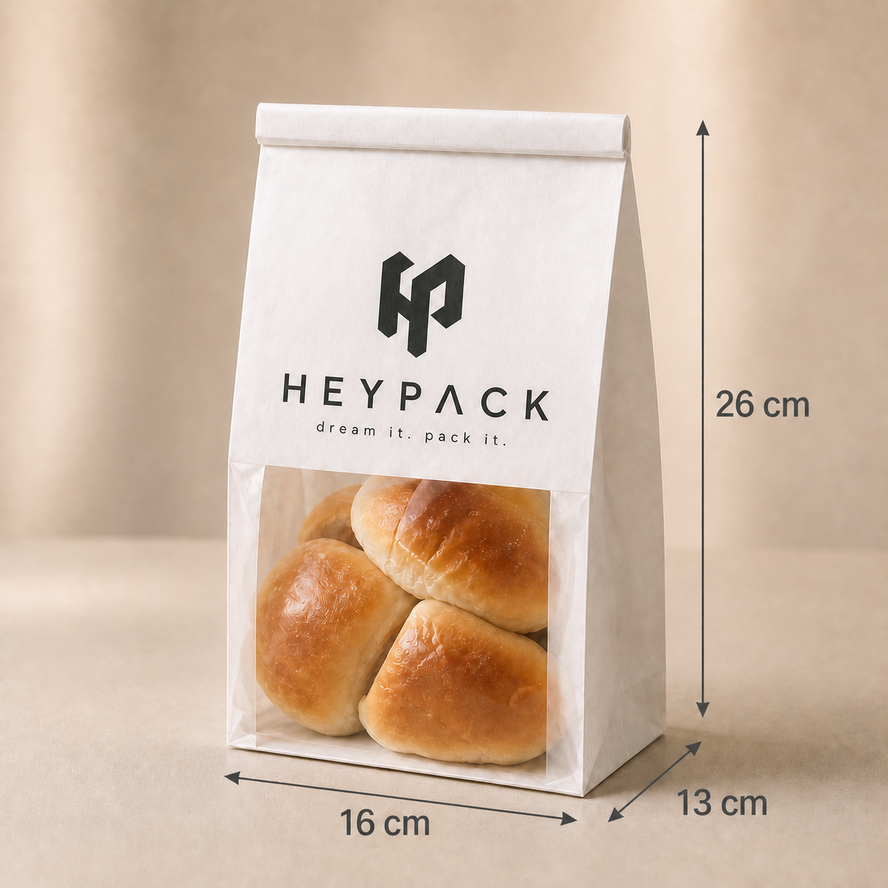 Custom Printed Kraft Window Bakery Bags — 03 size 16x13x26cm rolls heypack v1