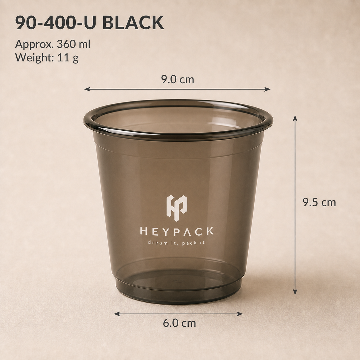 Smoke-Black Plastic Cold Cup — 03 size 90 400u black 360ml heypack white