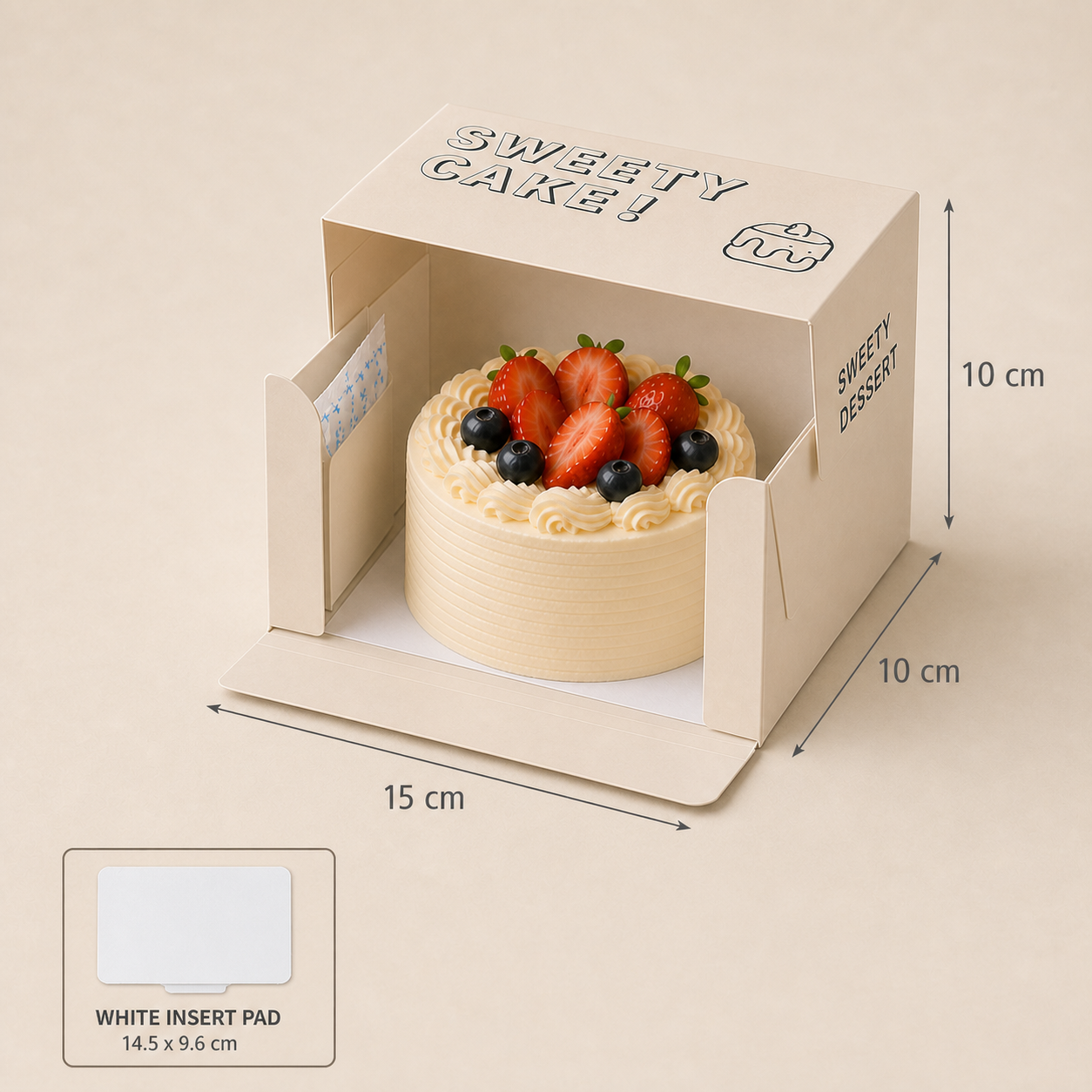 White Paperboard Cake Box — 03 size large 15x10x10cm pad 14.5x9.6cm