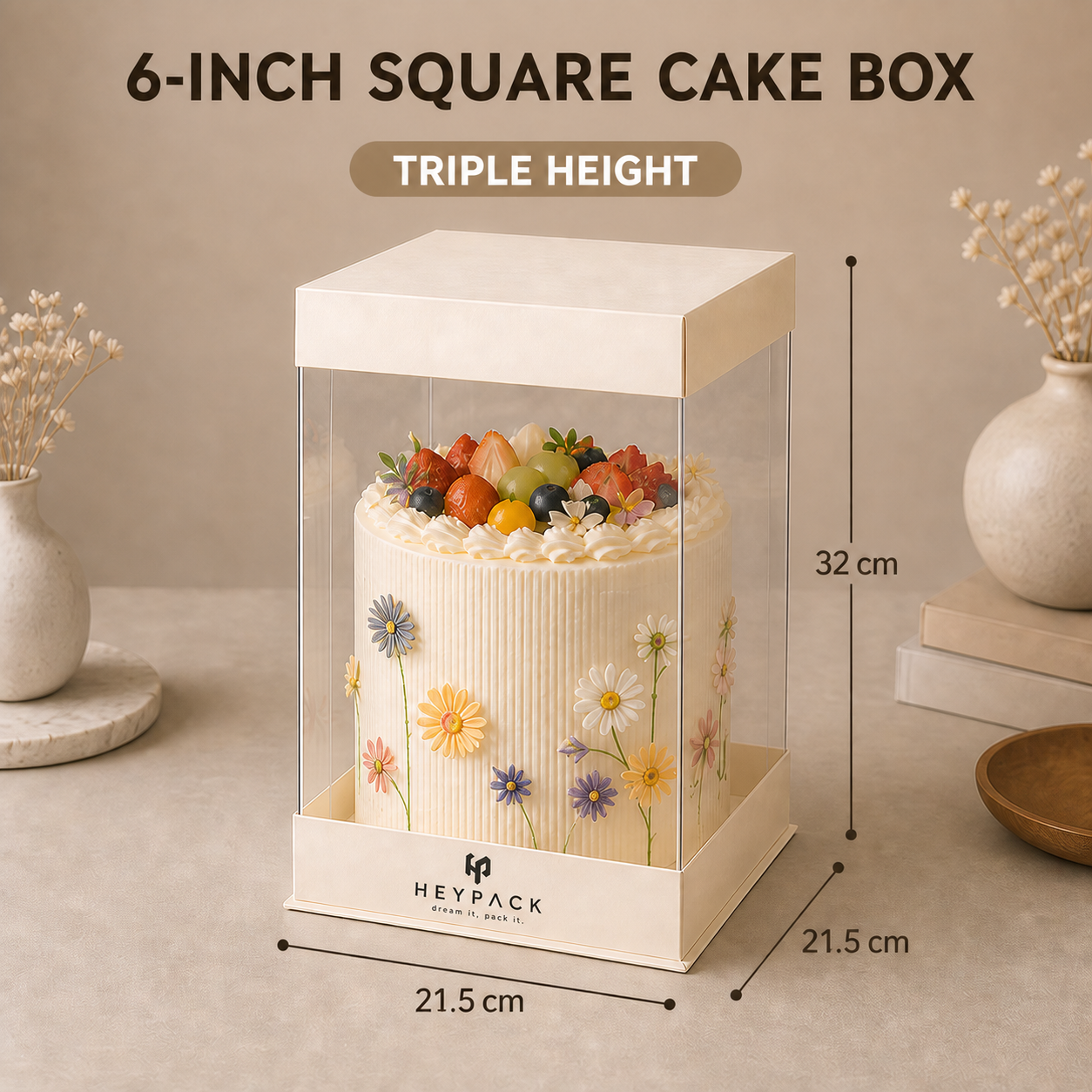 Square Clear Cake Box — 04 size square triple 21.5x21.5x32cm with cake heypack
