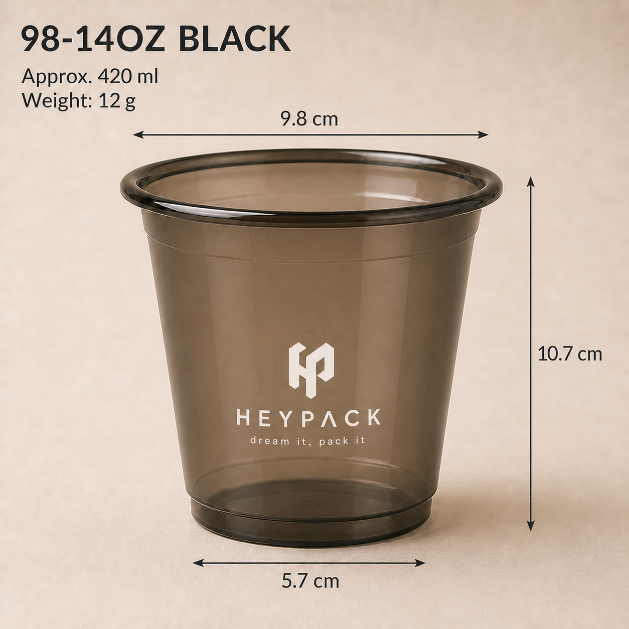 Smoke-Black Plastic Cold Cup — 05 size 98 14oz black 420ml heypack white