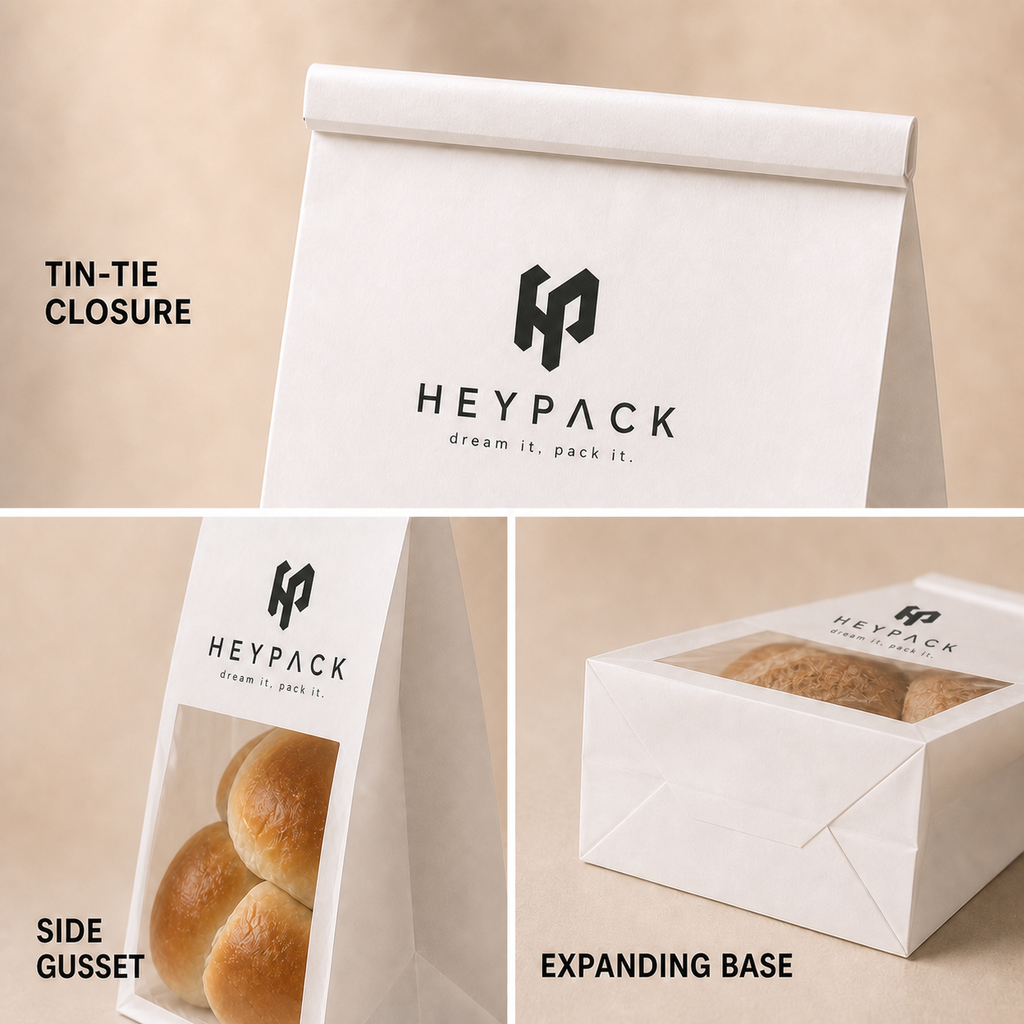 Custom Printed Kraft Window Bakery Bags — 06 detail gusset and folded top heypack v1