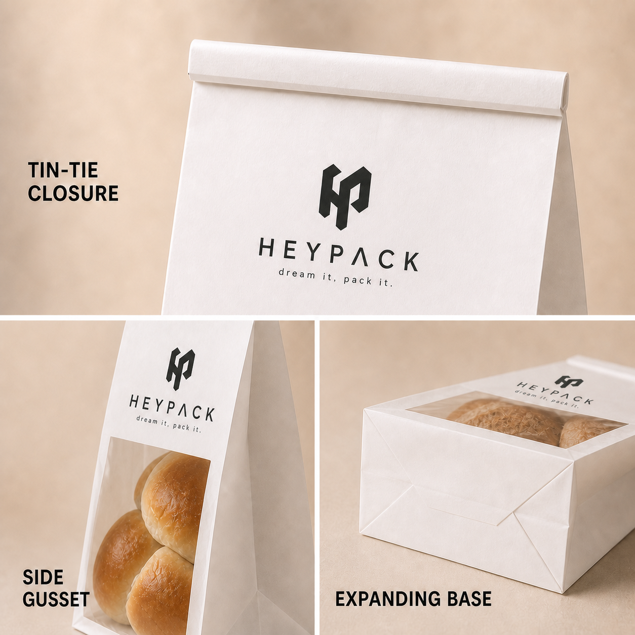 Custom Printed Kraft Window Bakery Bags — 06 detail gusset and folded top heypack v1