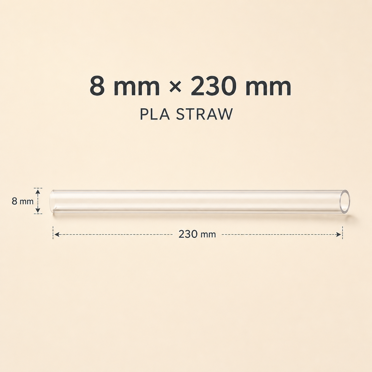 PLA straw, 8 mm × 230 mm wide-bore size guide