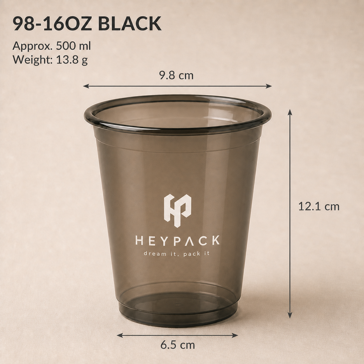 Smoke-Black Plastic Cold Cup — 06 size 98 16oz black 500ml heypack white