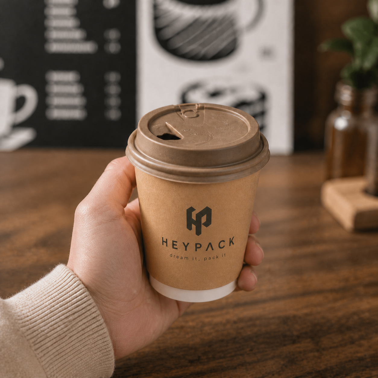Double-Wall Paper Cup — 07 application 10oz brown lid heypack