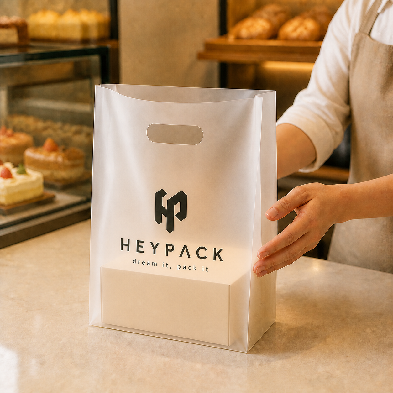 Die-Cut Handle Plastic Carrier Bag — 07 application bakery counter heypack v2