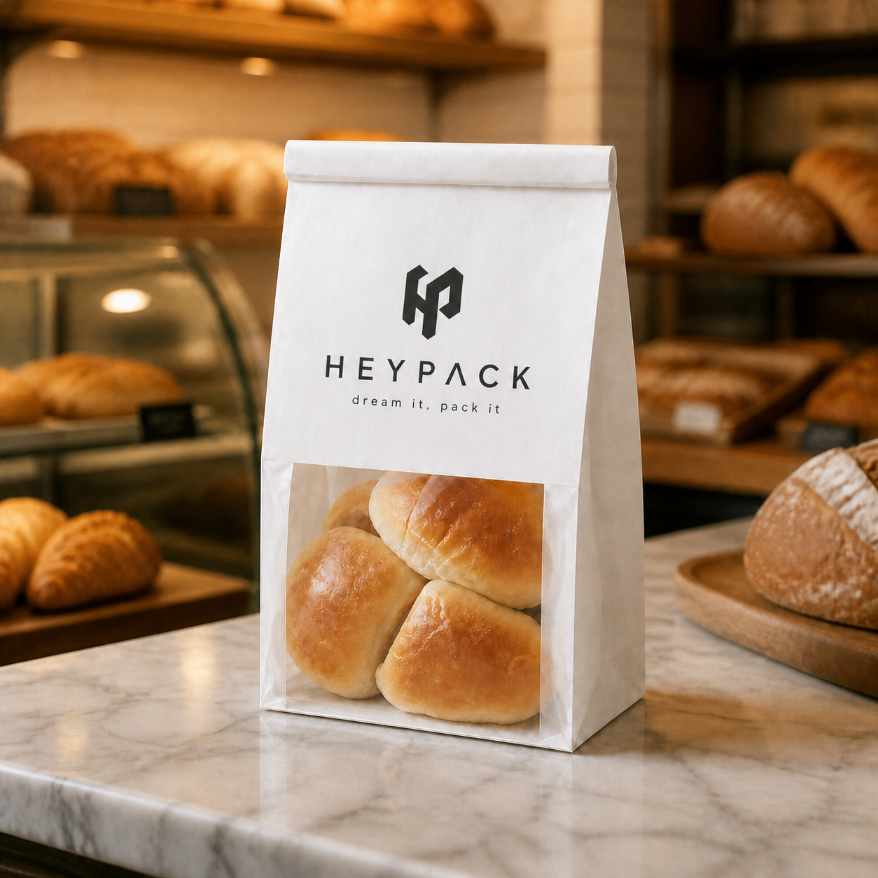 Custom Printed Kraft Window Bakery Bags — 07 application bakery counter rolls heypack v1