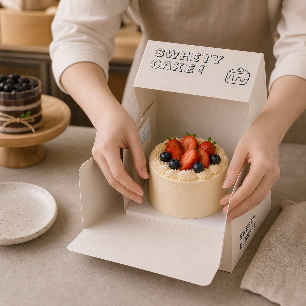 White Paperboard Cake Box — 07 application small box bakery packing