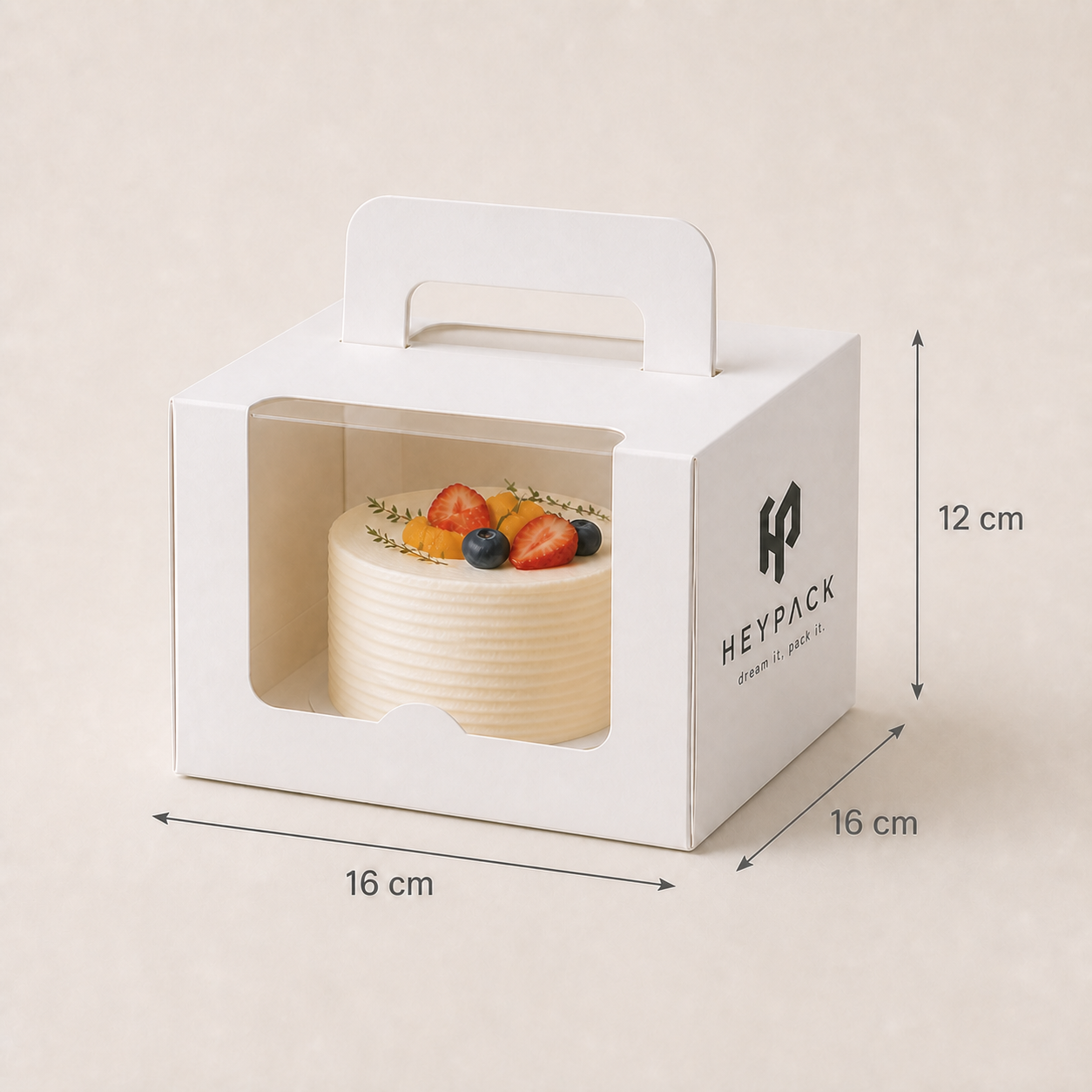 Laminated Paperboard Window Cake Box with Handle — 07 size printed handle 16x16x12cm with cake heypack