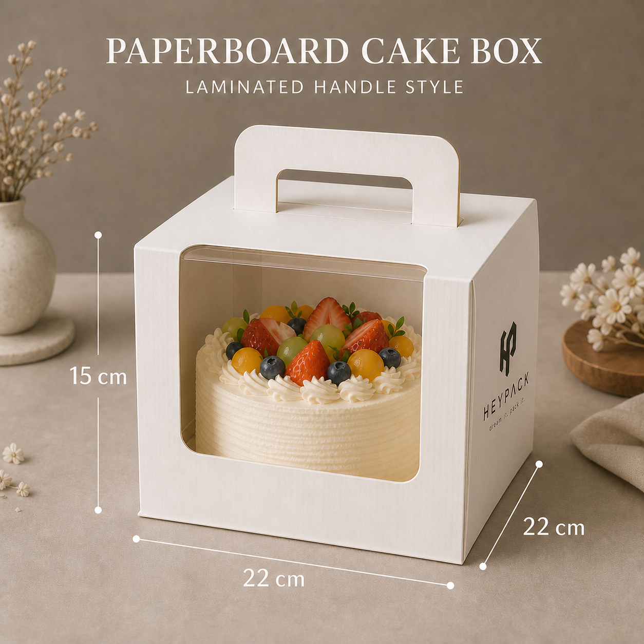Laminated Paperboard Window Cake Box with Handle — 07 size white laminated handle 22x22x15cm with cake heypack