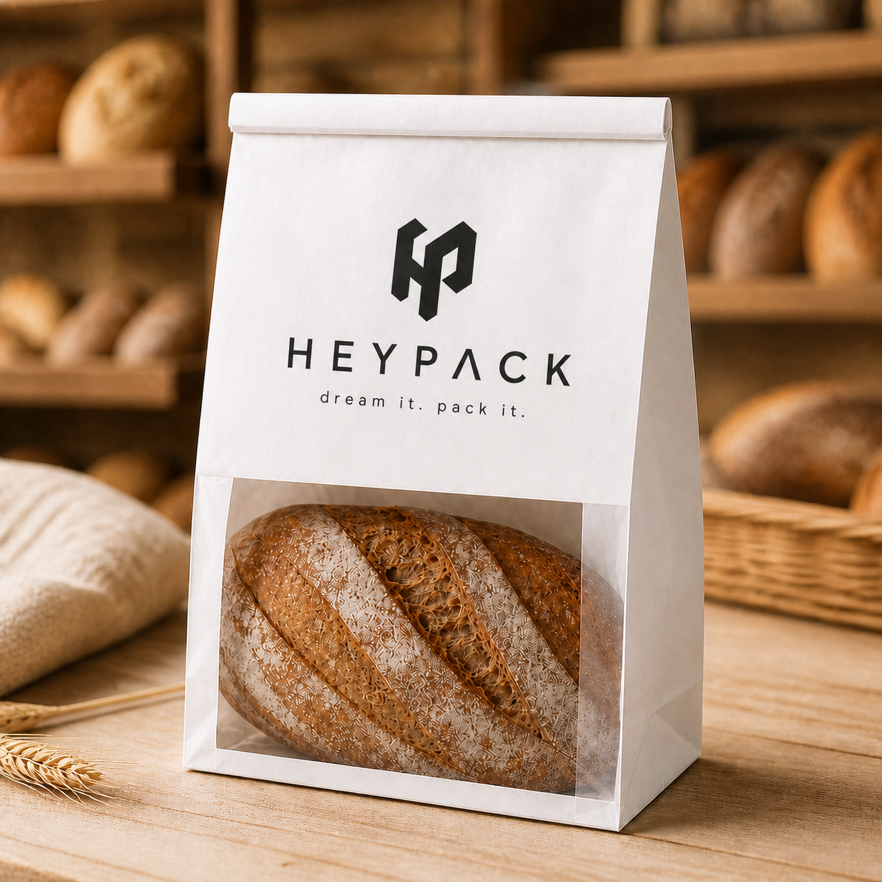 Custom Printed Kraft Window Bakery Bags — 08 application bread display loaf heypack v1