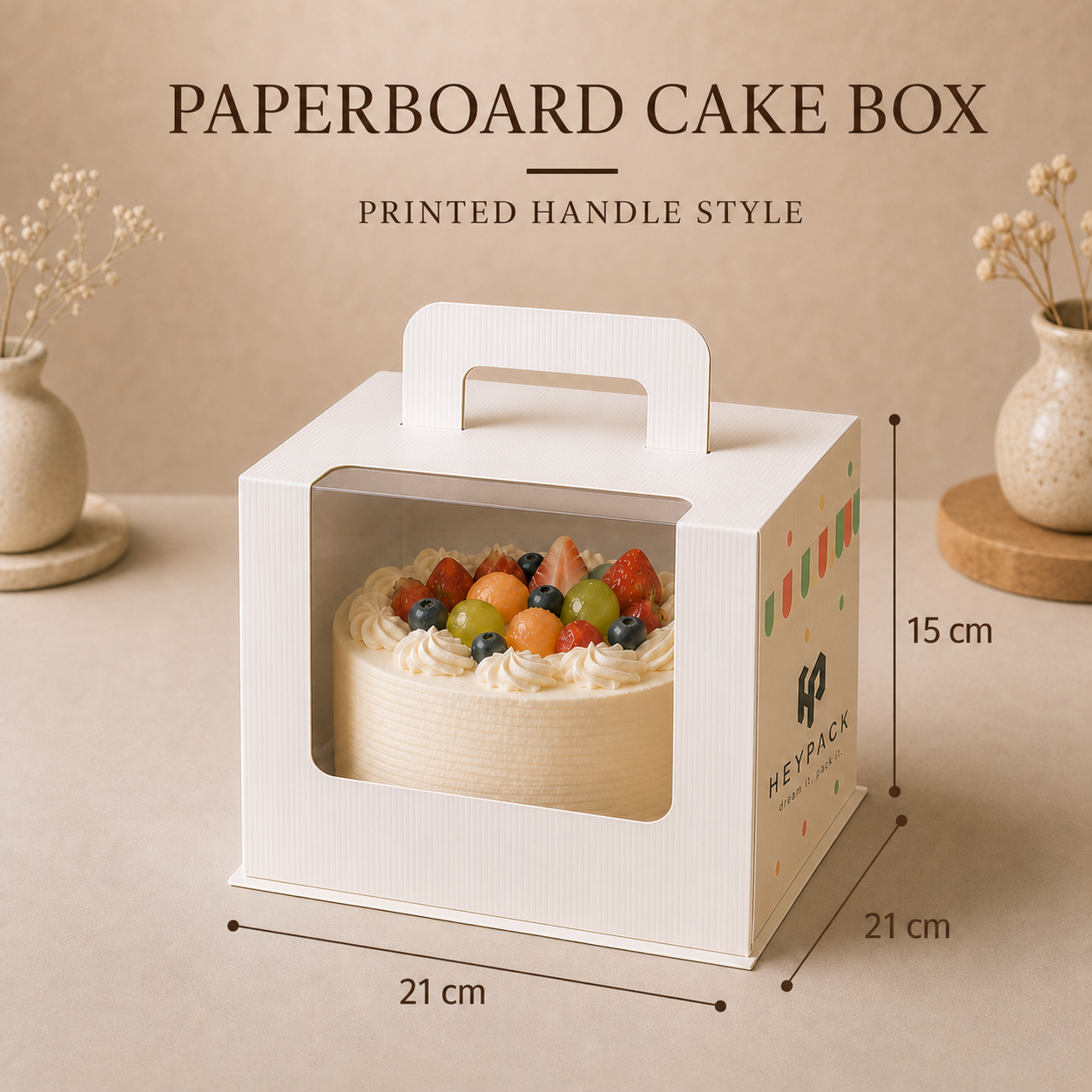 Laminated Paperboard Window Cake Box with Handle — 08 size printed handle 21x21x15cm with cake heypack