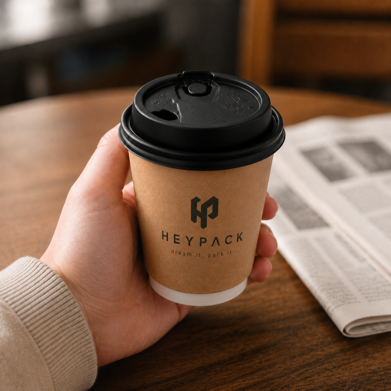 Double-Wall Paper Cup — 09 application 10oz black lid heypack