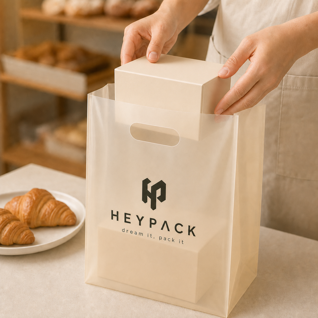 Die-Cut Handle Plastic Carrier Bag — 09 application packing desserts heypack v2