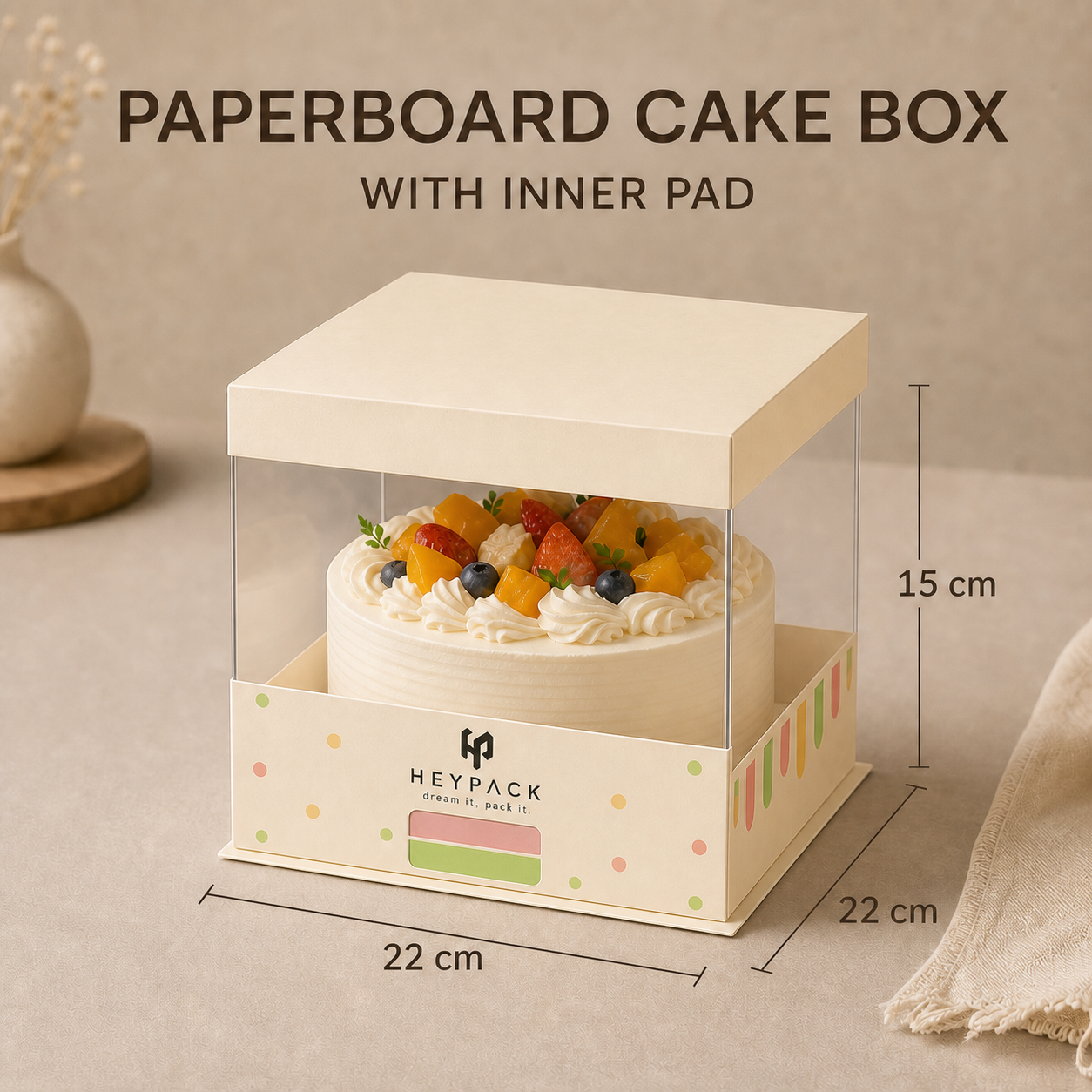 White Paperboard Cake Box — 09 size 500 grade paperboard 22x22x15cm with cake heypack