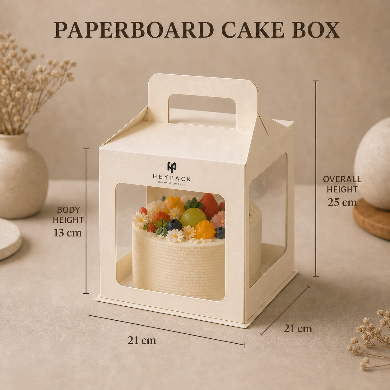 Specialty Paper Cake Box with Handle — 10 size specialty paperboard handle 21x21x25cm with cake heypack