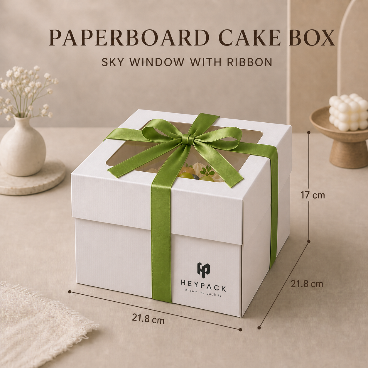 Panoramic Window Cake Box — 11 size sky window ribbon 21.8x21.8x17cm with cake heypack