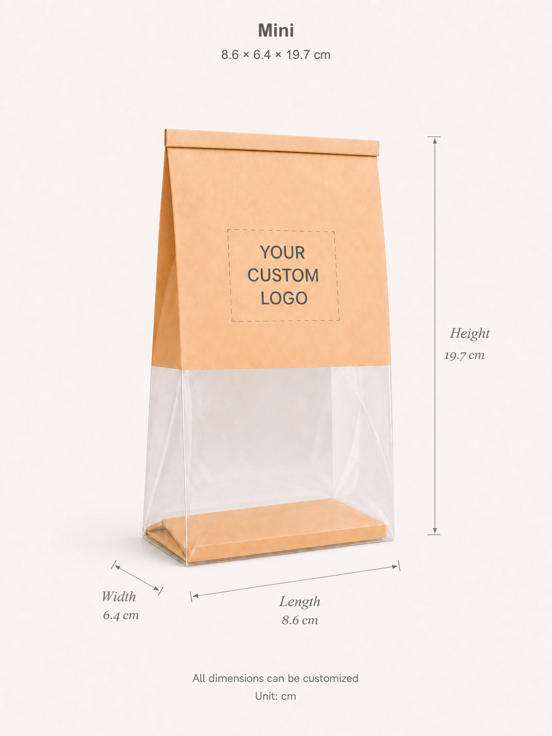 Mini bakery bag dimension guide: Length 8.6 cm, Width 6.4 cm, Height 19.7 cm