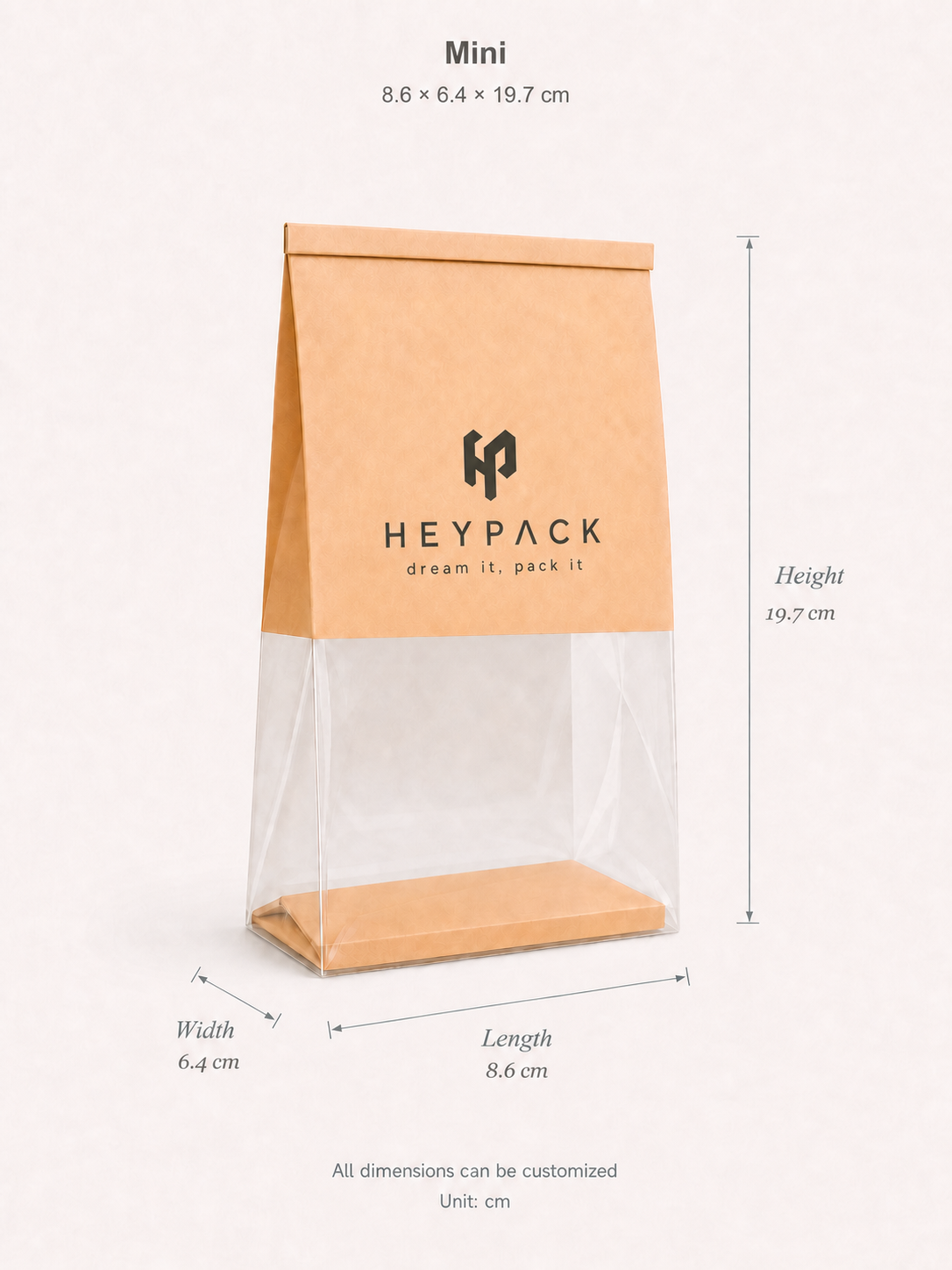 Mini HeyPack bakery bag dimension guide: Length 8.6 cm, Width 6.4 cm, Height 19.7 cm