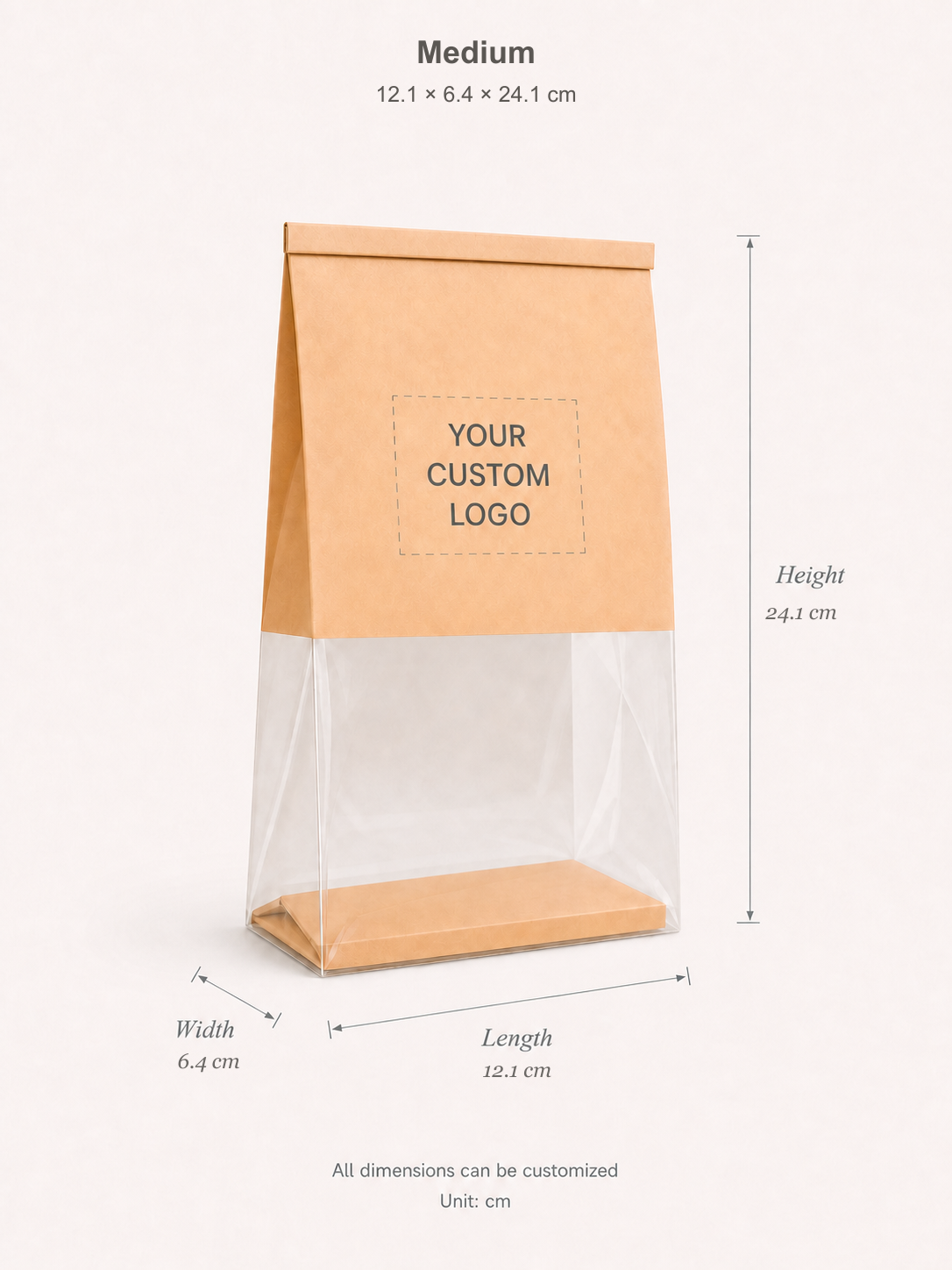Medium bakery bag dimension guide: Length 12.1 cm, Width 6.4 cm, Height 24.1 cm