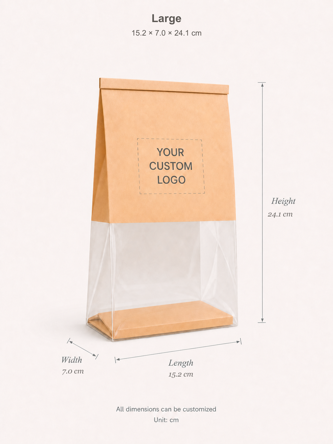 Large bakery bag dimension guide: Length 15.2 cm, Width 7.0 cm, Height 24.1 cm