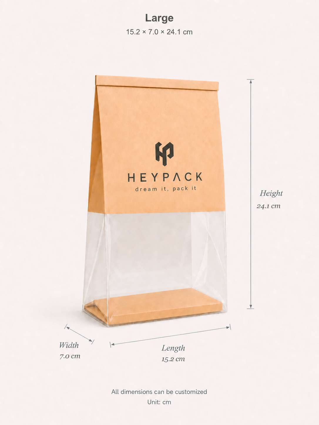 Large HeyPack bakery bag dimension guide: Length 15.2 cm, Width 7.0 cm, Height 24.1 cm