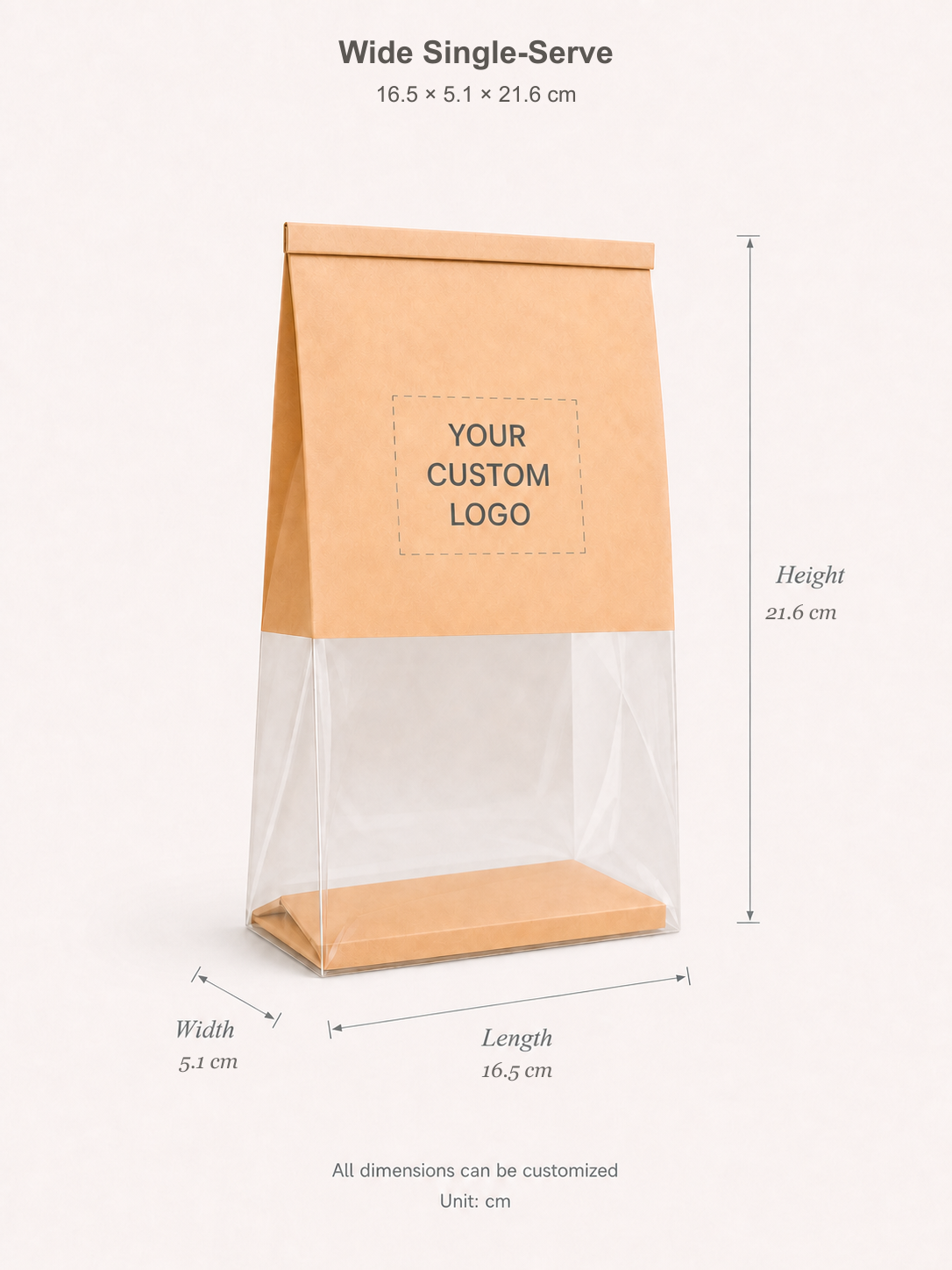 Wide single-serve bakery bag dimension guide: Length 16.5 cm, Width 5.1 cm, Height 21.6 cm