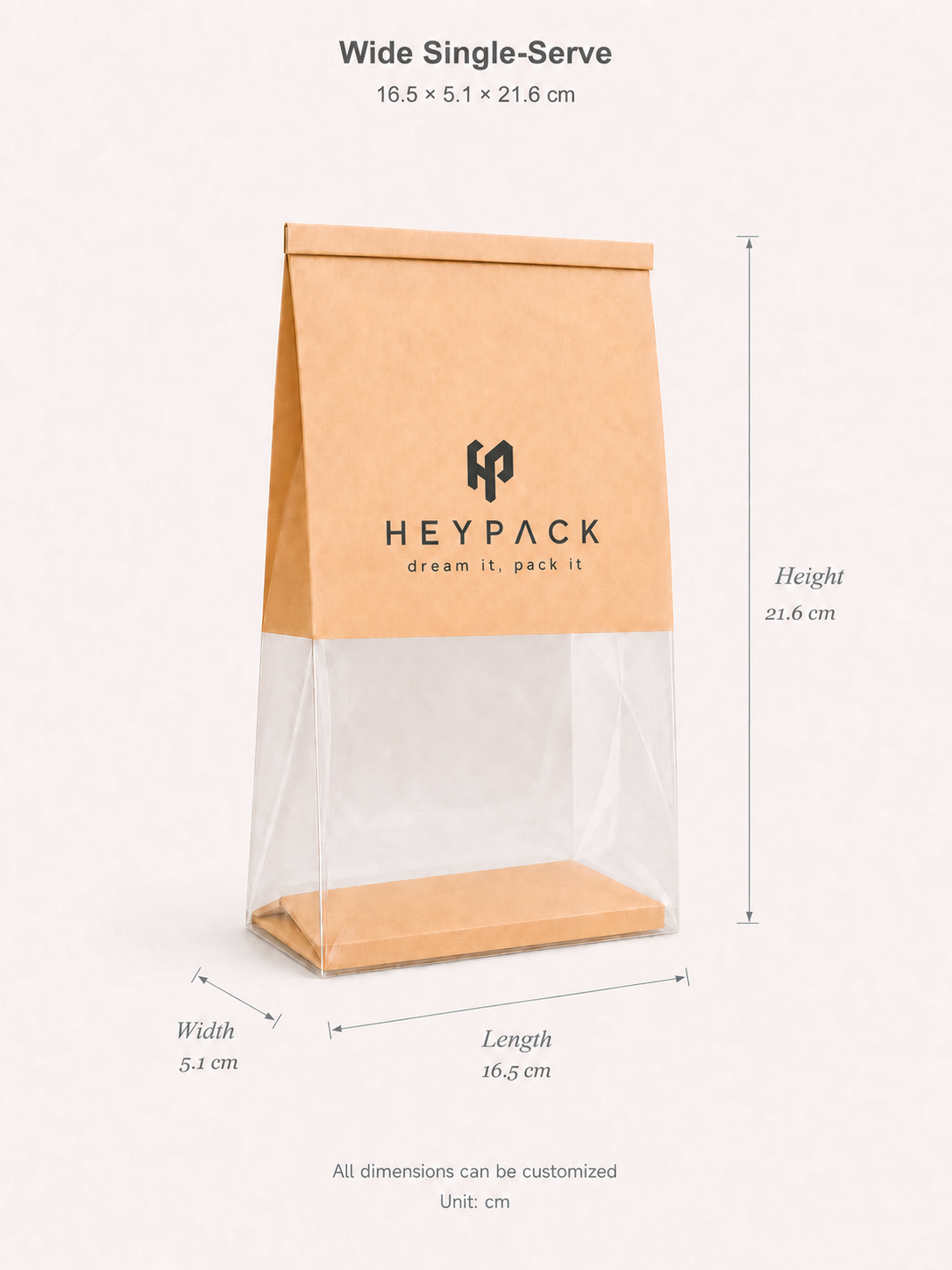 Wide single-serve HeyPack bakery bag dimension guide: Length 16.5 cm, Width 5.1 cm, Height 21.6 cm