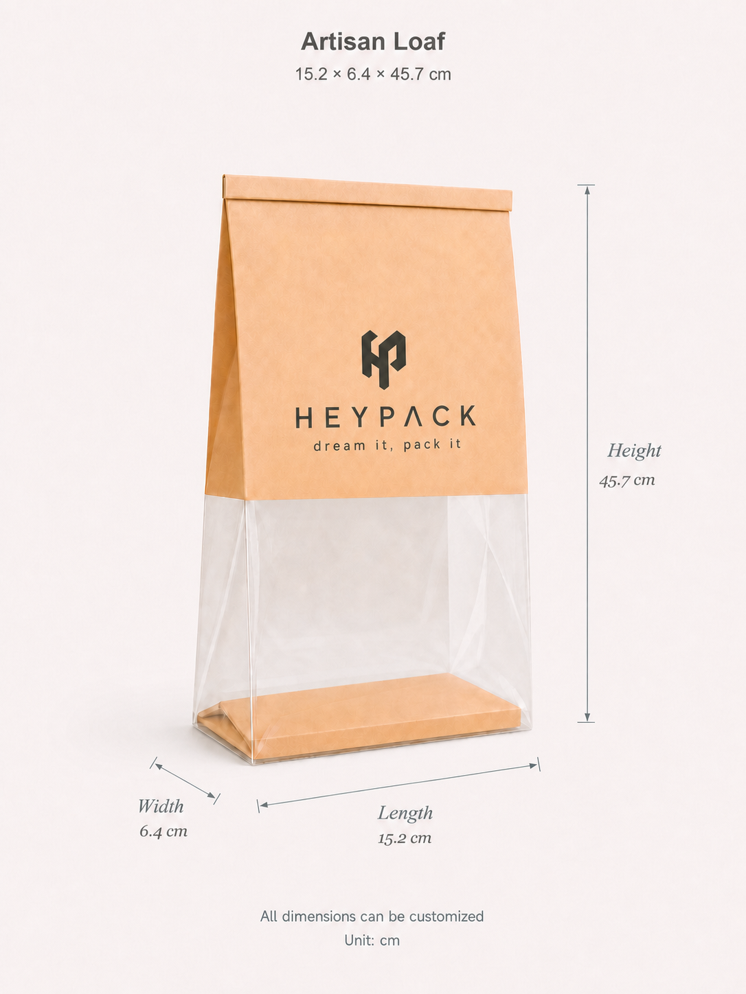 Artisan loaf HeyPack bakery bag dimension guide: Length 15.2 cm, Width 6.4 cm, Height 45.7 cm
