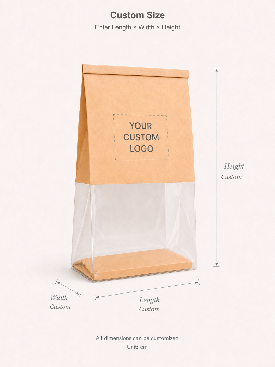 Custom bakery bag dimension guide for Length, Width and Height