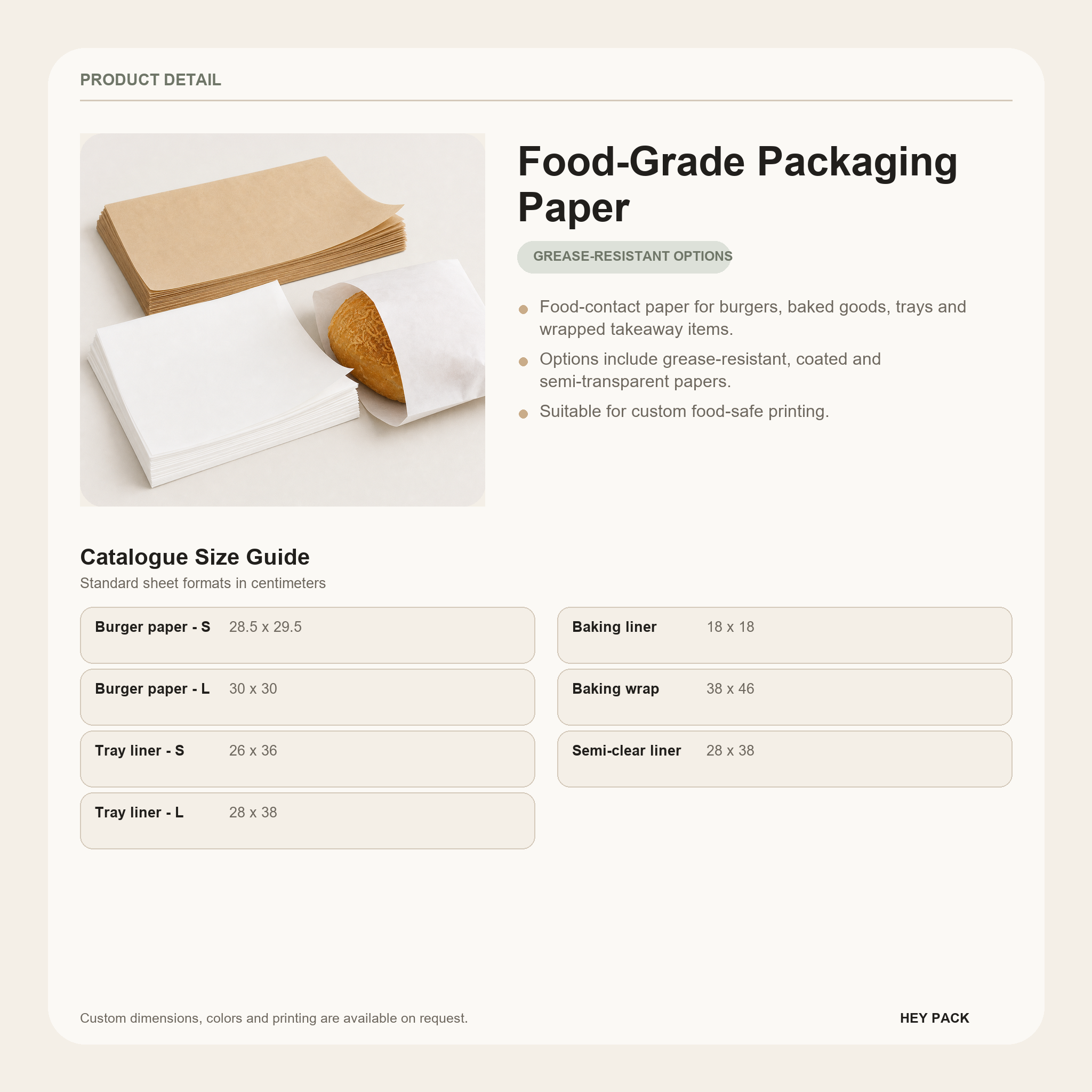 Food-Grade Packaging Paper size guide