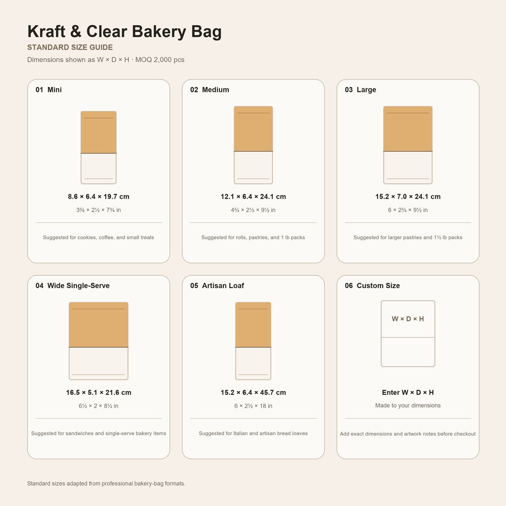 Kraft and clear bakery bag standard size guide in centimeters and inches
