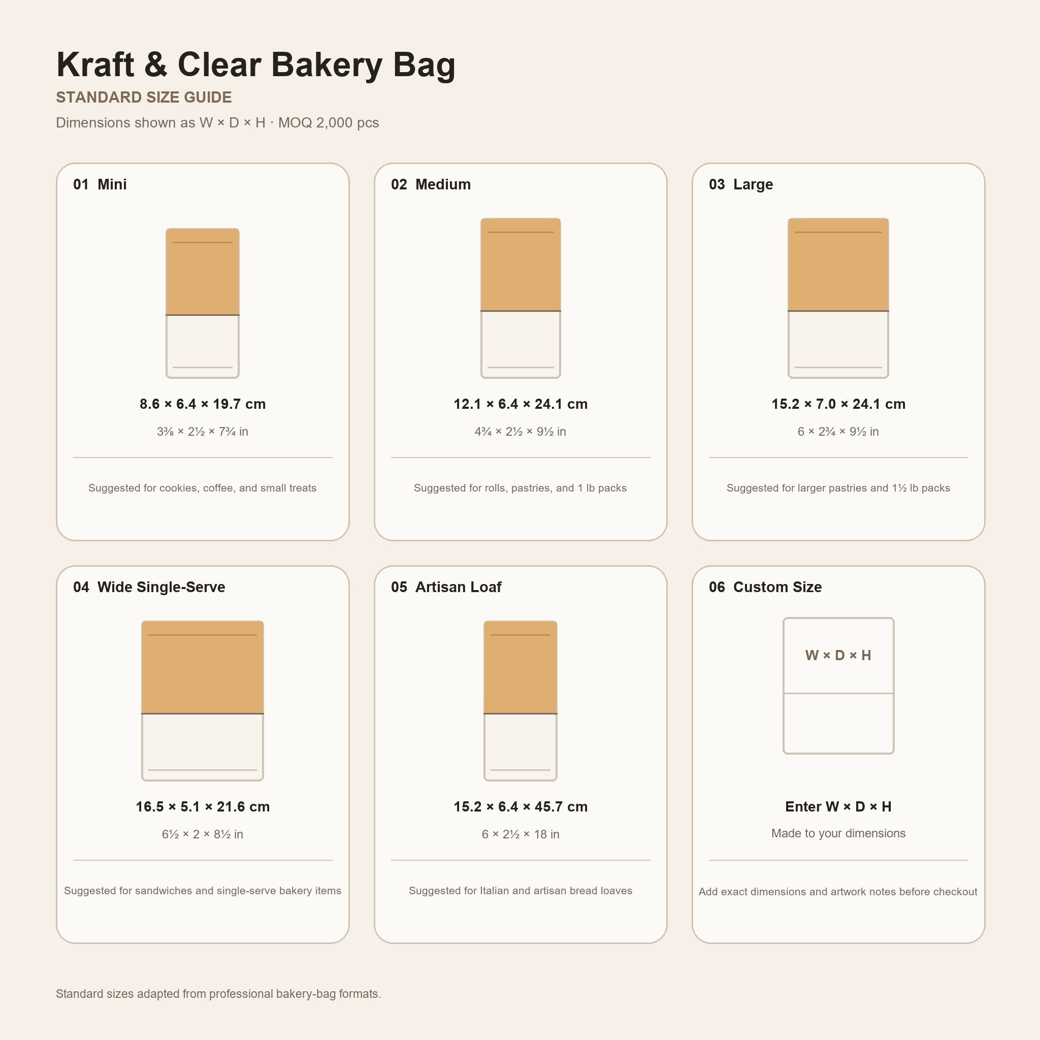 Kraft and clear bakery bag standard size guide in centimeters and inches