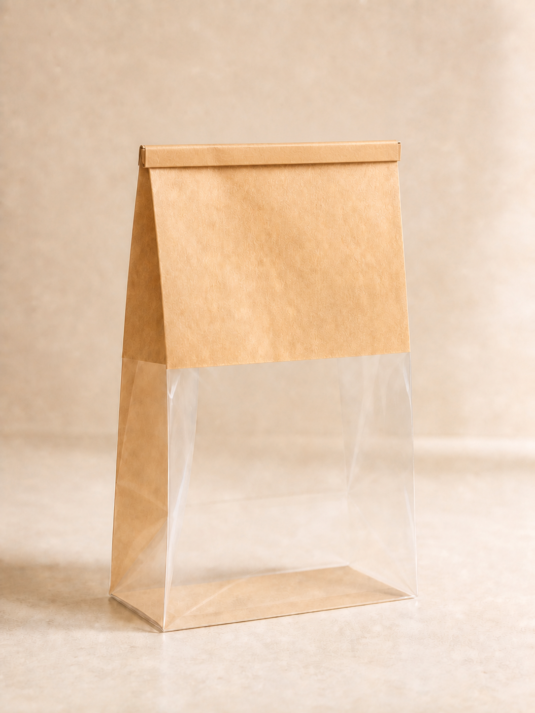 Custom kraft and clear bakery bag with flat rolled tin-tie closure