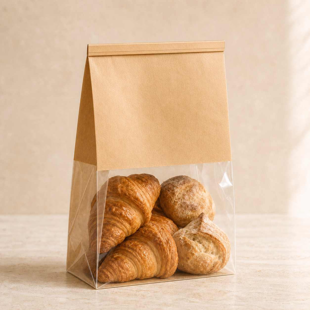 Kraft and clear bakery bag filled with pastries and flat rolled tin-tie closure