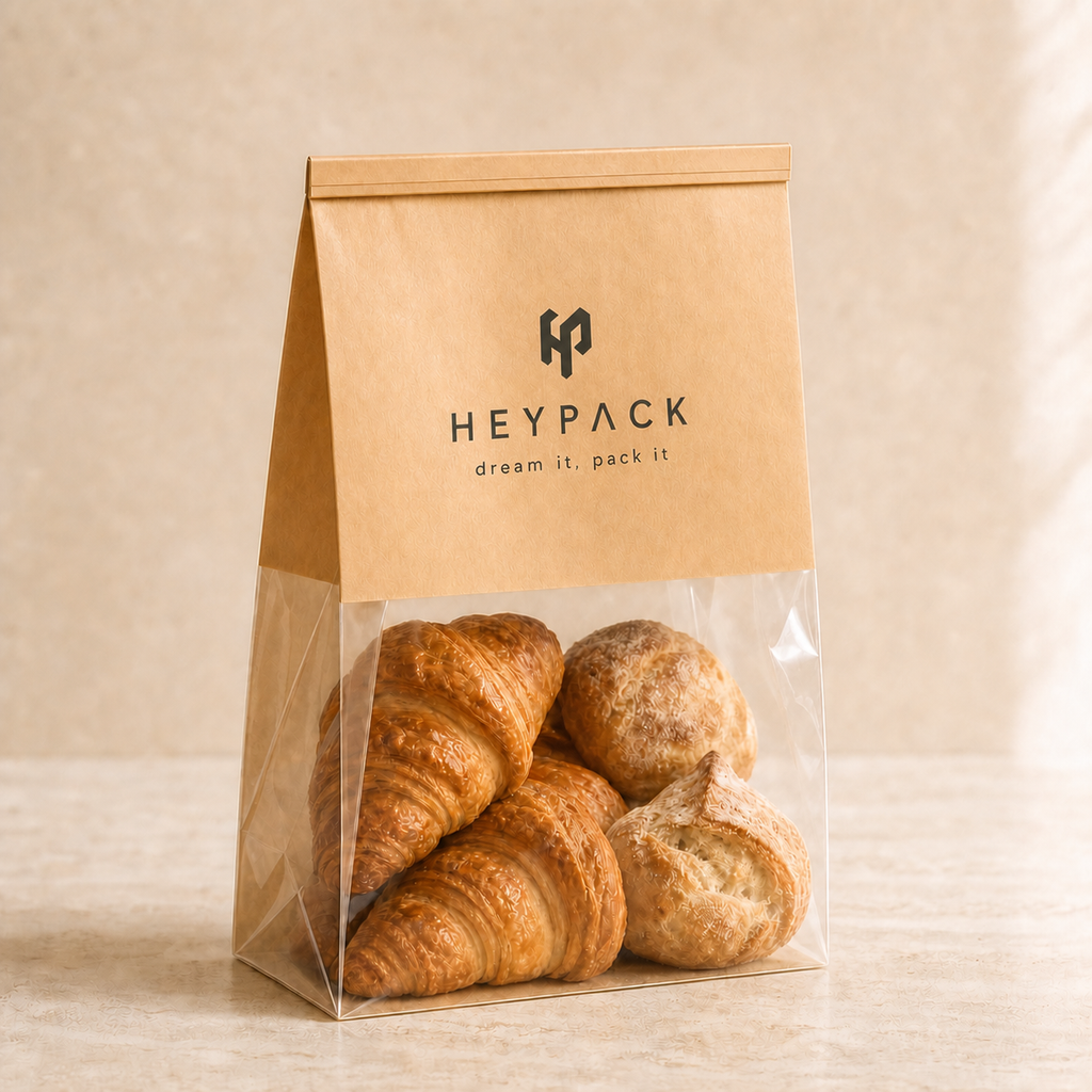 HeyPack kraft and clear bakery bag filled with pastries and flat rolled tin-tie closure
