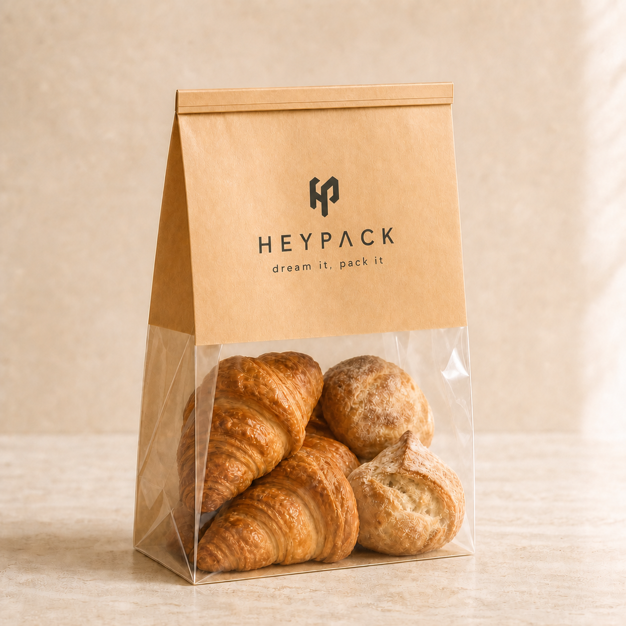 HeyPack kraft and clear bakery bag filled with pastries and flat rolled tin-tie closure
