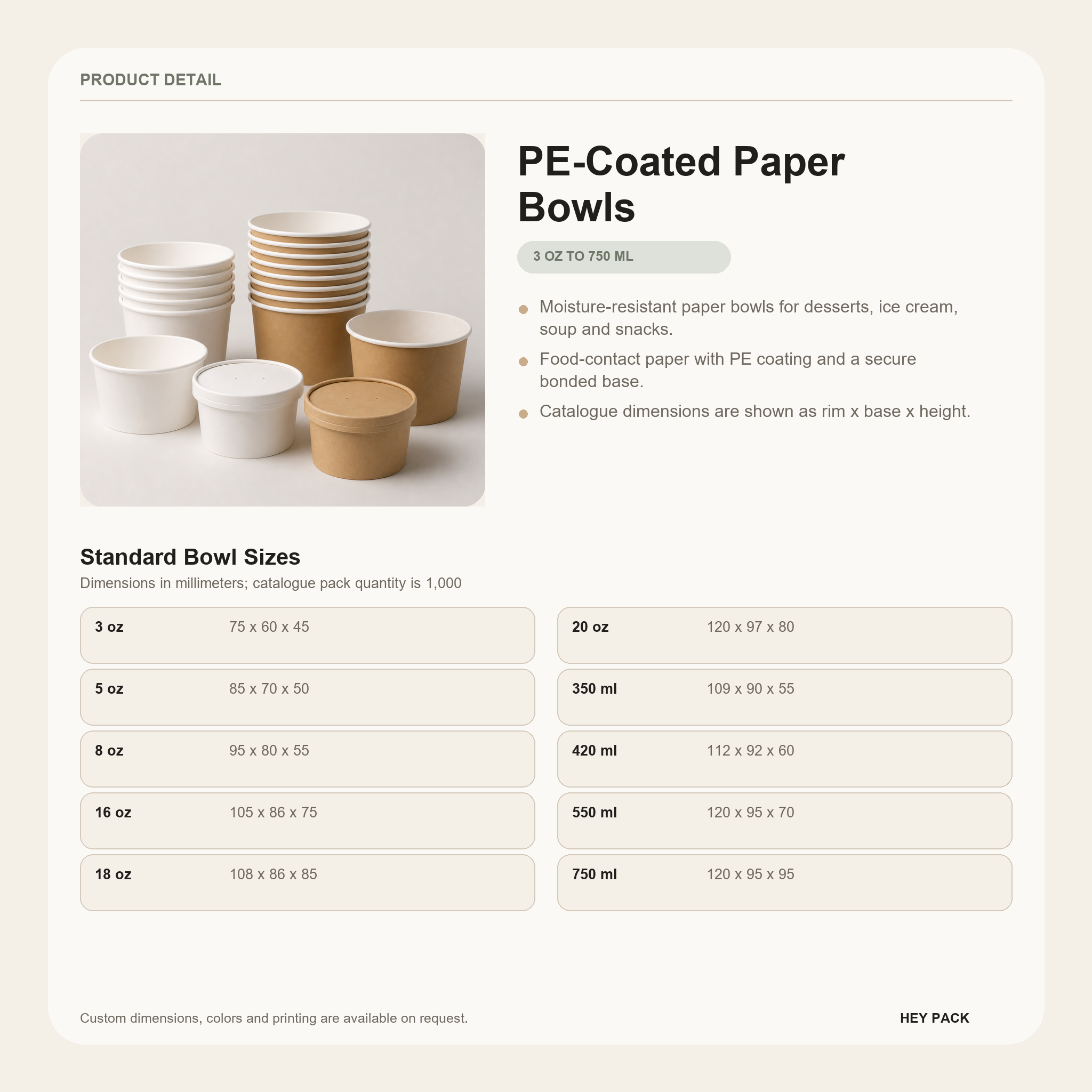 PE-Coated Paper Bowls size guide