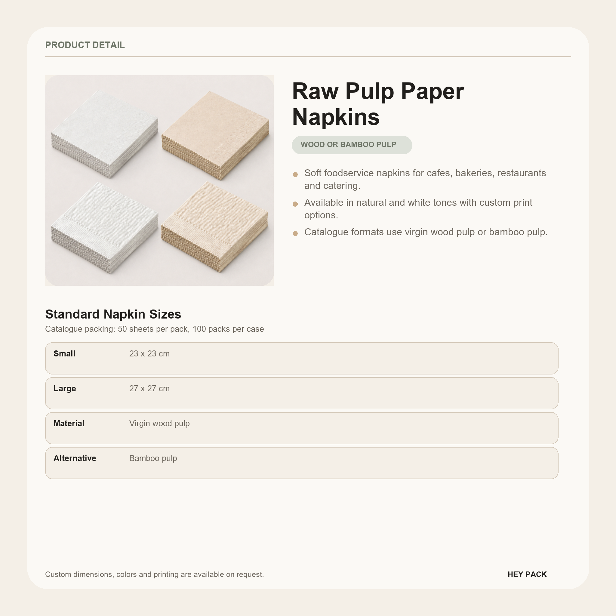 Raw Pulp Paper Napkins size guide