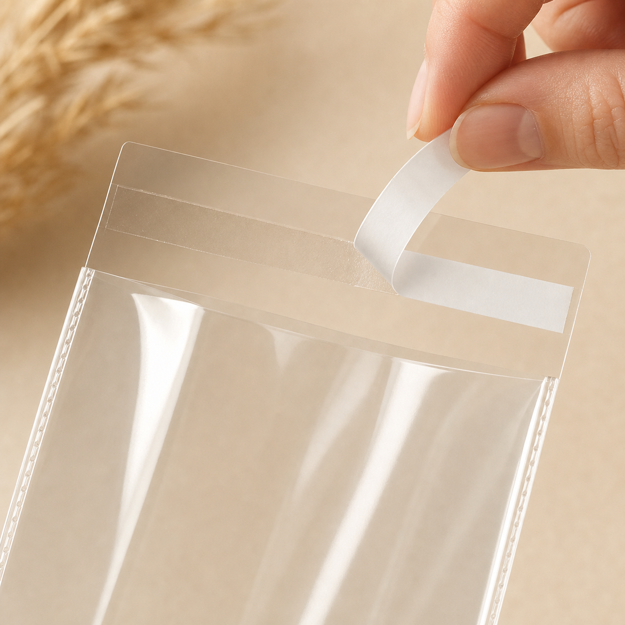 Hand peeling release liner from adhesive flap on clear OPP bag