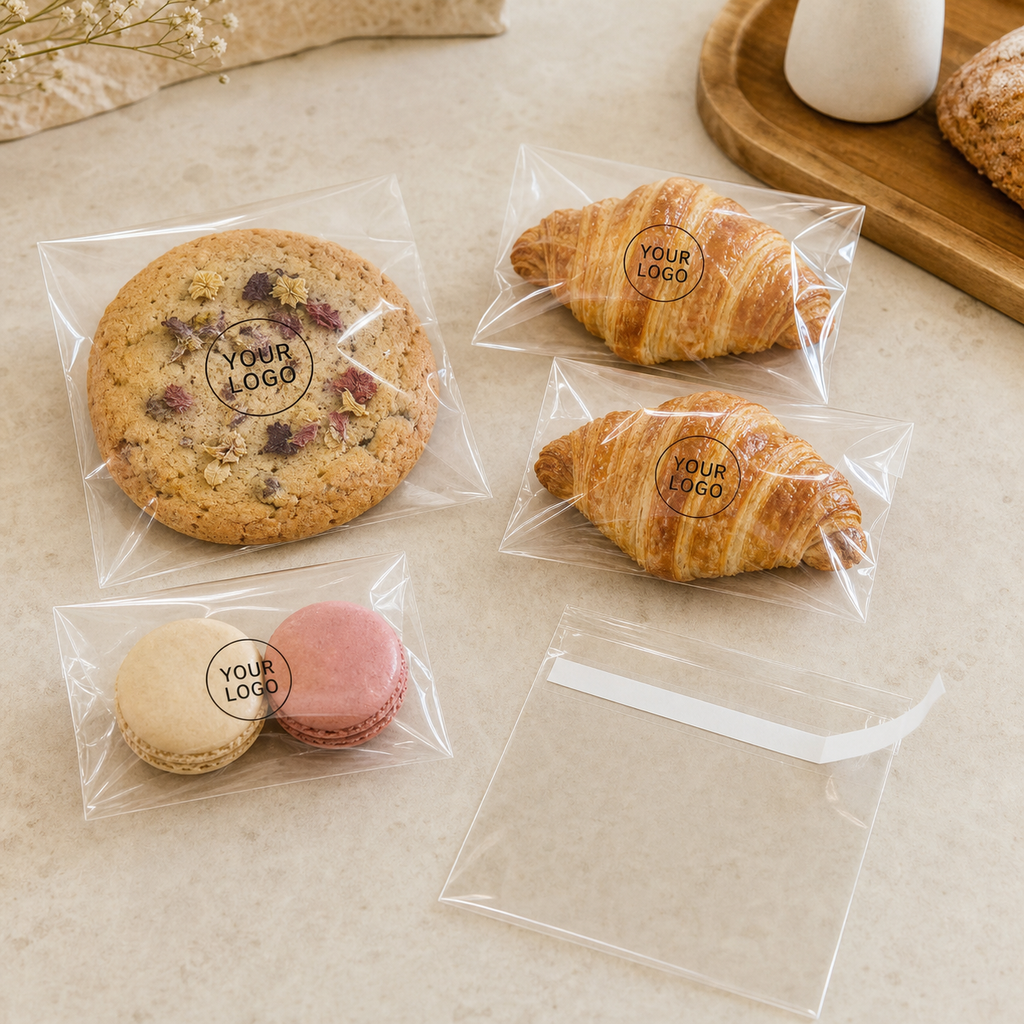 Cookies croissants and macarons in custom printed clear OPP bags