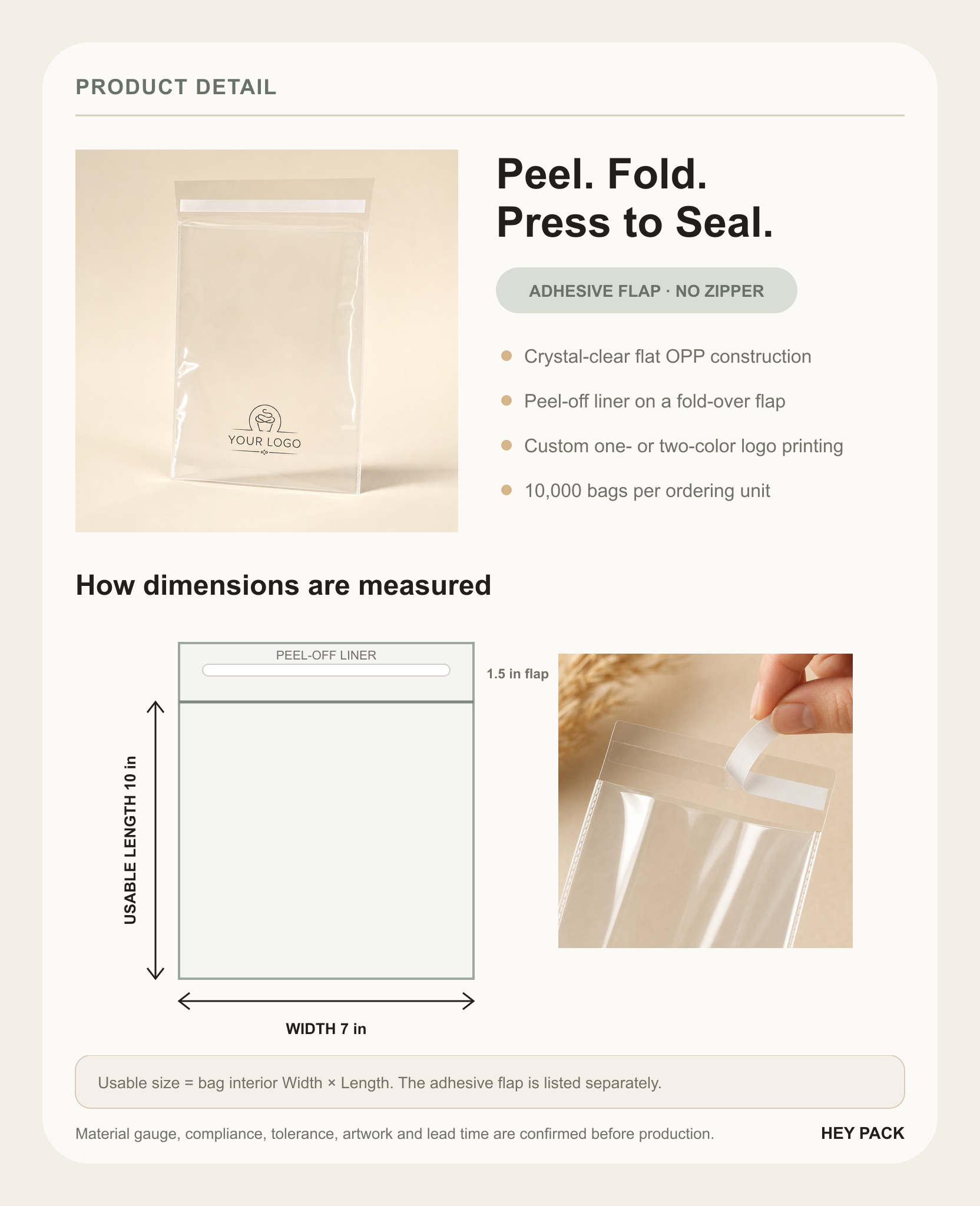 Peel and seal OPP bag product details and dimension measurement guide