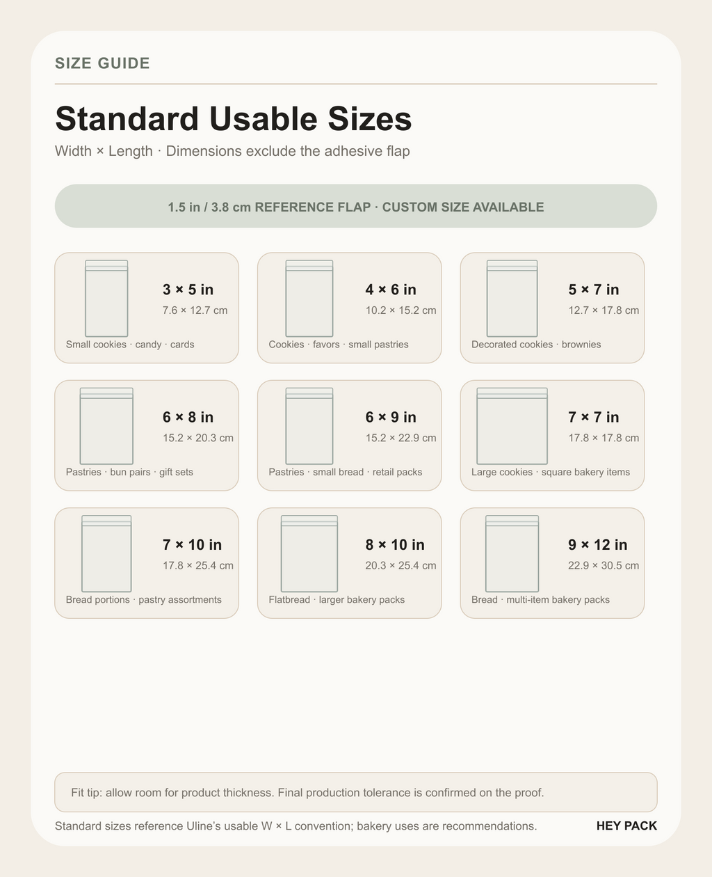 Standard usable size guide for clear OPP adhesive flap bakery bags